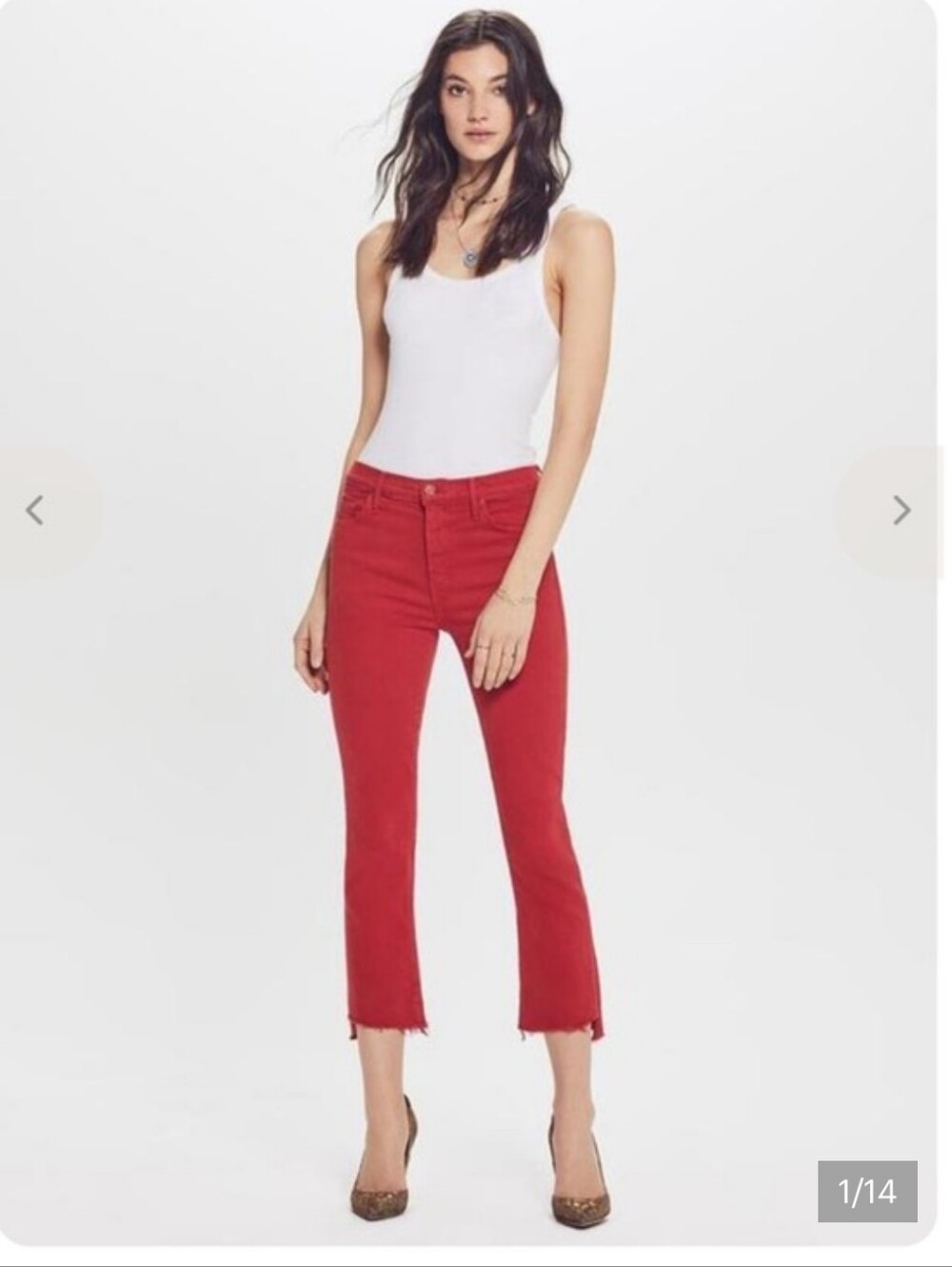 MOTHER Red Cropped Step Fray Jeans